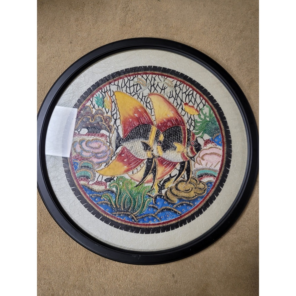 Framed Angelfish Textile Art Round Mixed Media Hand Painted Embroidery 18inches